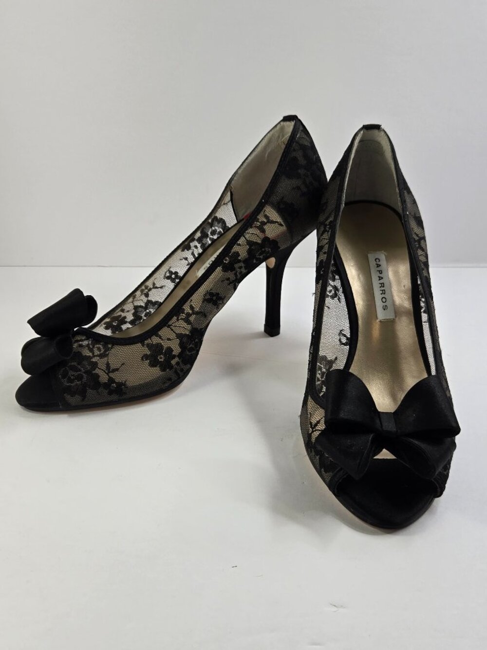 Caparros Black Lace Heels With Bow 3 Inch Size 6 Elegant